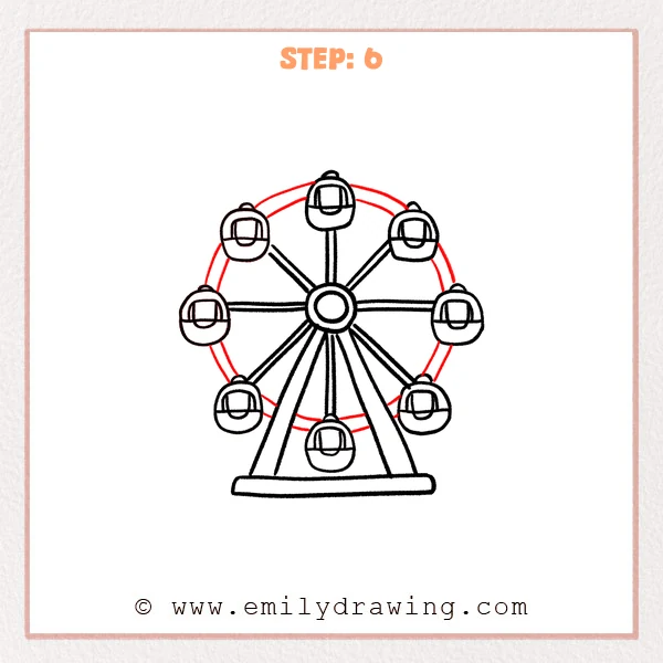 how to draw a ferris wheel - Step 6 of an easy ferris wheel drawing adds a large double-line outer rim circle that wraps around the cabins and connects the ends of the spokes.